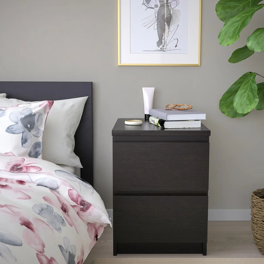 IKEA MALM Black Wood Nightstand with Two Drawers - photo 2