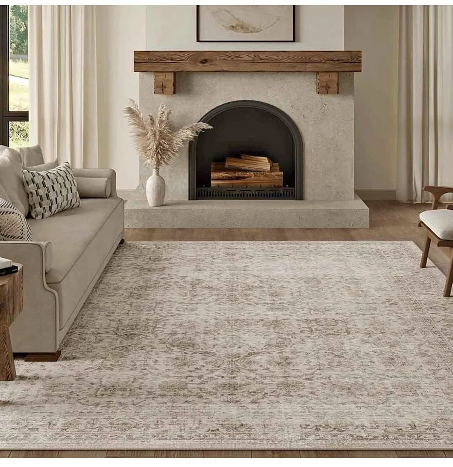 6x9 Washable Area Rug Beige Vintage Neutral Distressed Large