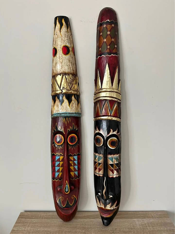 Large Hand-Carved Indonesian Wall Masks - 39" Gold Leaf Accents