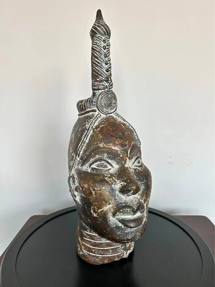 Large Vintage Benin Bronze Oba Head – 16” Lost-Wax Cast, African