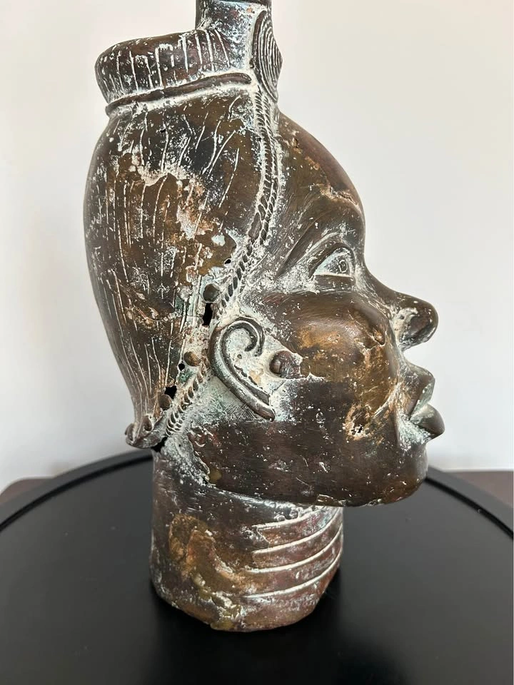 Large Vintage Benin Bronze Oba Head – 16” Lost-Wax Cast, African - photo 2