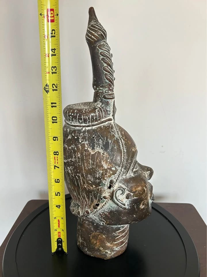 Large Vintage Benin Bronze Oba Head – 16” Lost-Wax Cast, African - photo 3