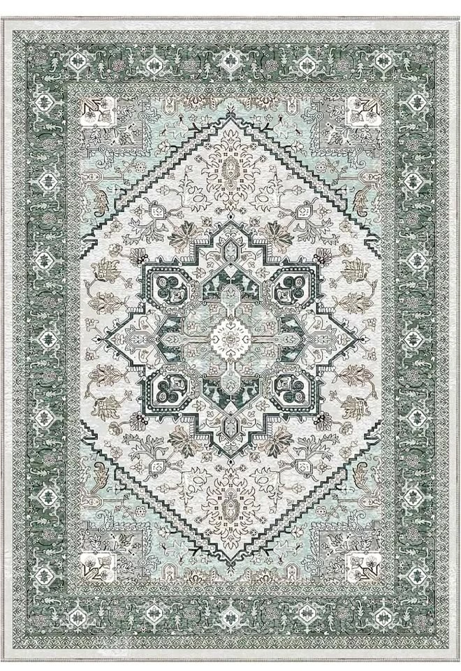 10x14 Washable Green Area Rug, Soft Faux Cashmere, Non-Slip