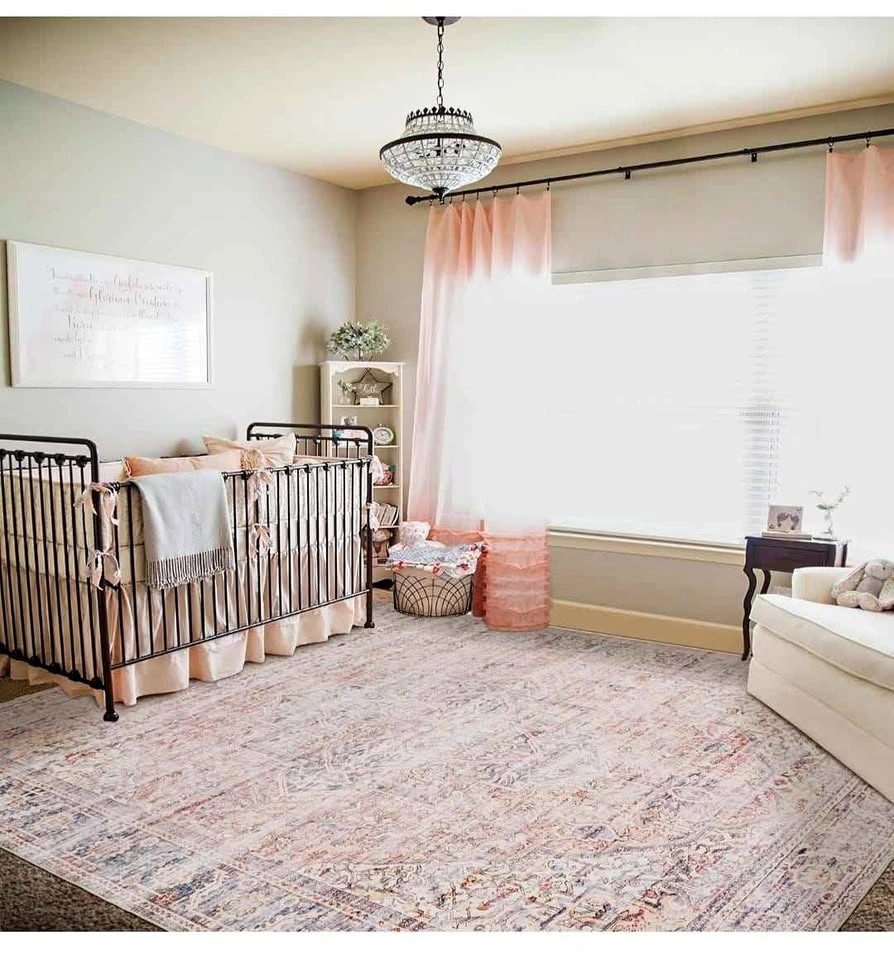 9x12 Pink & Grey Boho Floral Area Rug - Machine Washable