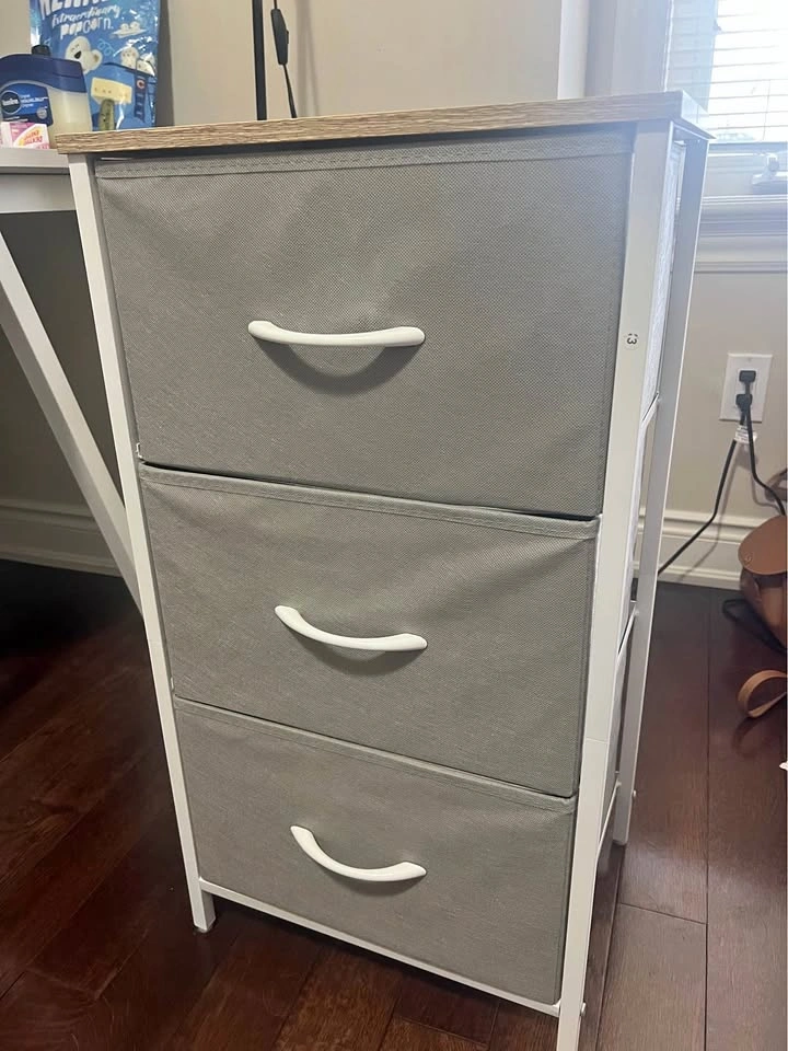 Grey 3-Drawer Fabric Storage Unit with Wood Top