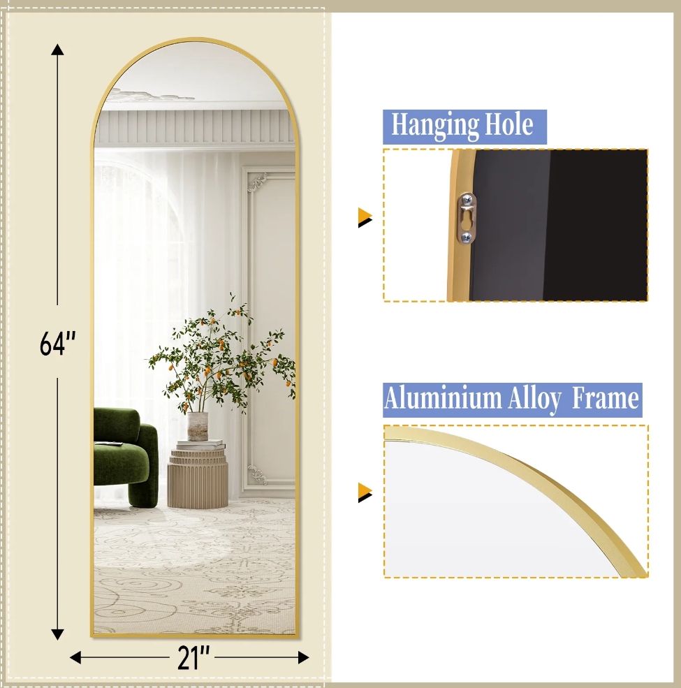 Arched Full Length Mirror - Gold Aluminum Frame (64" x 21") - photo 4