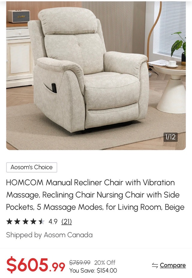 HOMCOM Recliner – Box 2 of 2 Only – Model 700-168V80CW - photo 2