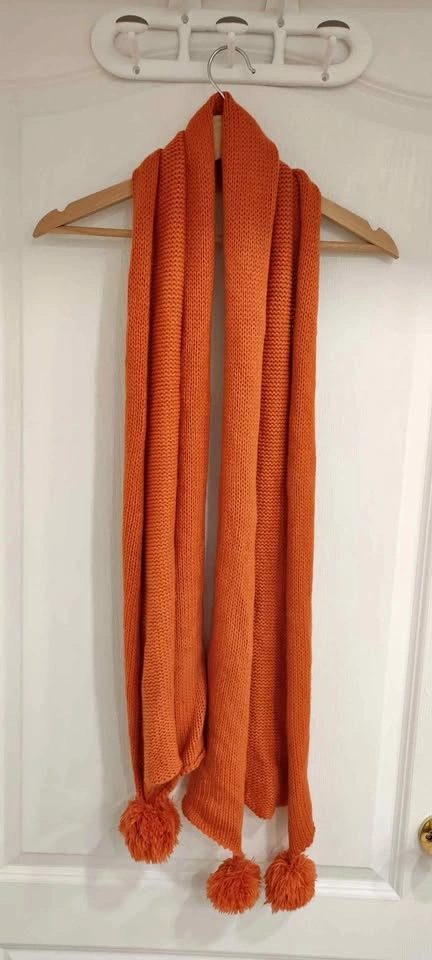 Orange handmade Knitted Scarf with Pom Poms