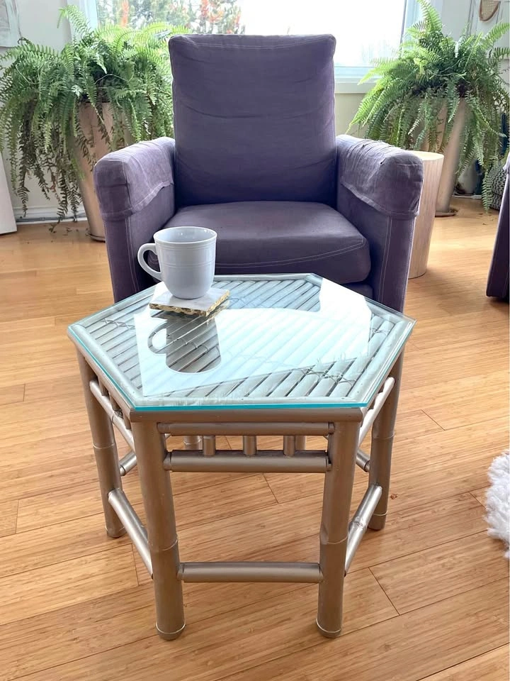 6 Sided Bamboo Coffee Table with Glass Top - Champagne