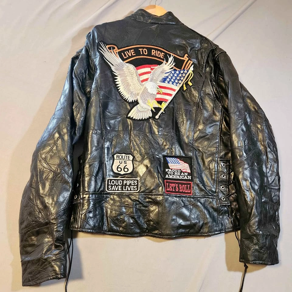 Black Leather Motorcycle Jacket with Patches sz L