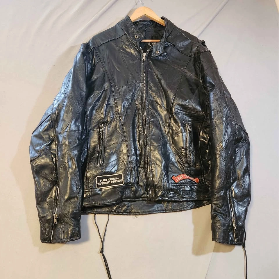 Black Leather Motorcycle Jacket with Patches sz L - photo 2