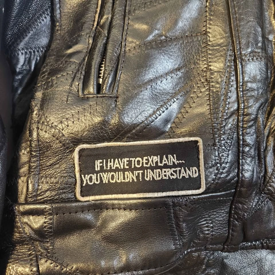 Black Leather Motorcycle Jacket with Patches sz L - photo 3