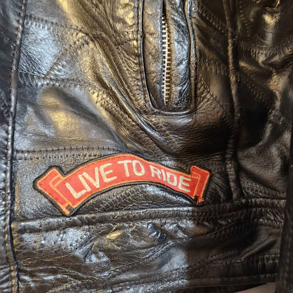 Black Leather Motorcycle Jacket with Patches sz L - photo 4