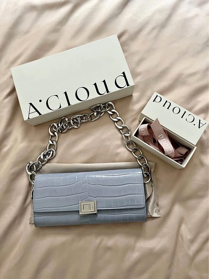 A.Cloud Ice Blue Calfskin Croc Embossed Wallet Clutch with Chain
