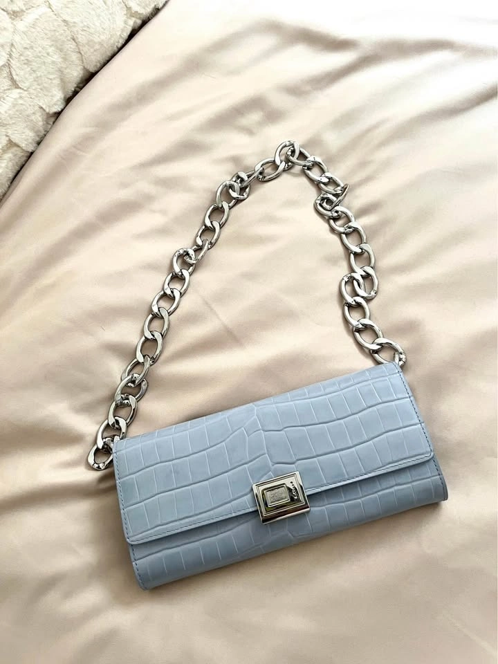 A.Cloud Ice Blue Calfskin Croc Embossed Wallet Clutch with Chain - photo 3