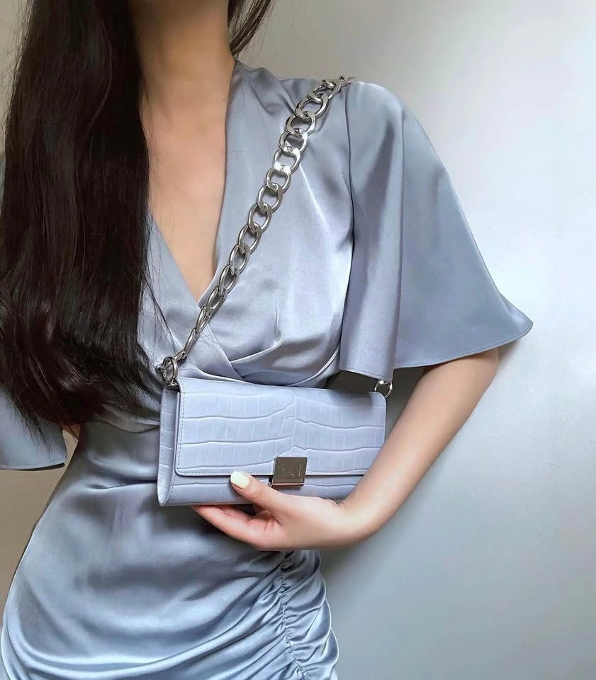 A.Cloud Ice Blue Calfskin Croc Embossed Wallet Clutch with Chain - photo 5
