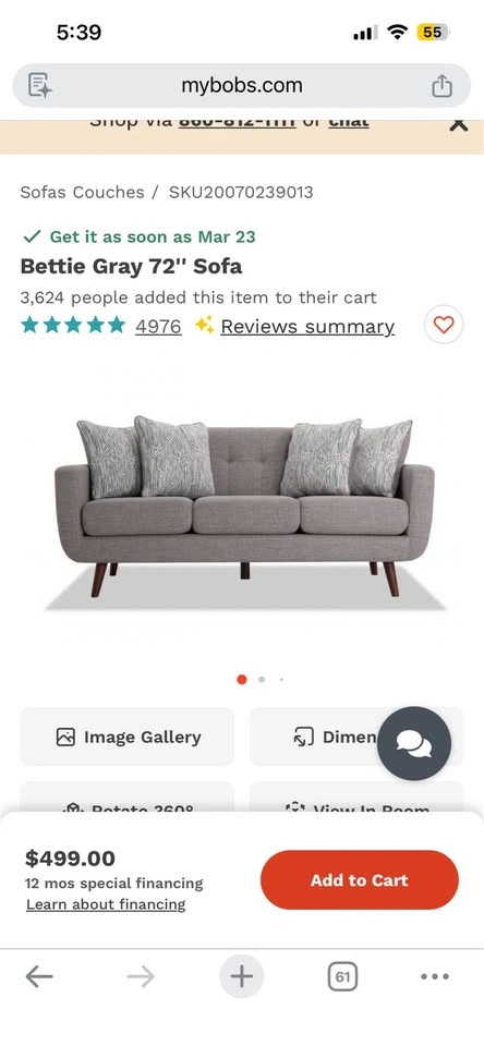 Gray 72” Sofa - photo 2