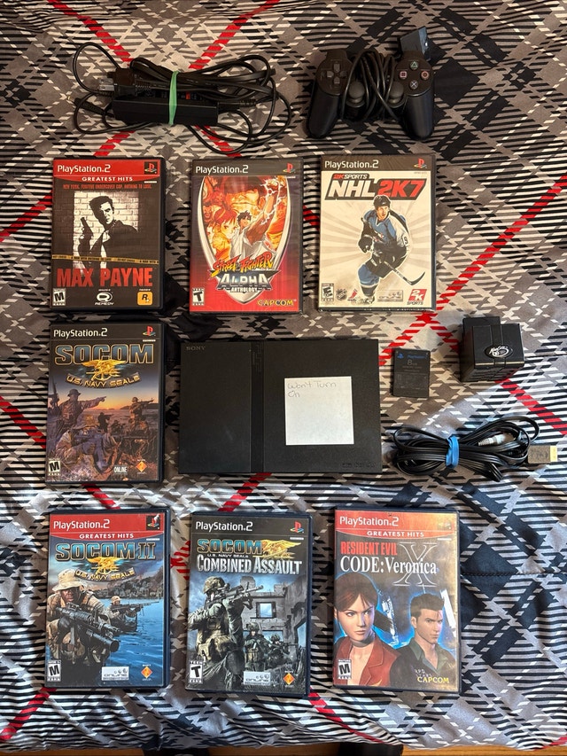PS2 Console, Controller, 4 Player Adaptor, Wires, Memory Card