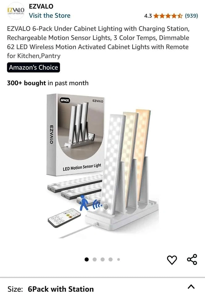 EZVALO 6-Pack Under Cabinet Lighting w Charging Station