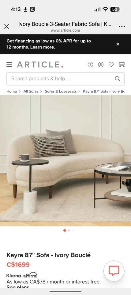 Article Kayra Curved Sofa - Ivory Bouclé - Like New - photo 4