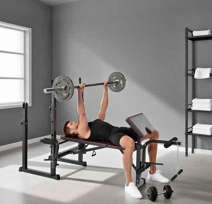Soozier Weight Bench with Barbell Rack