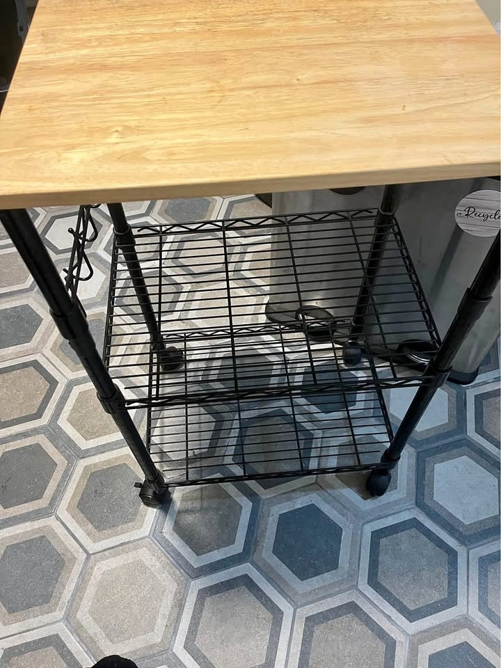 Natural Wood & Black Metal Kitchen Cart