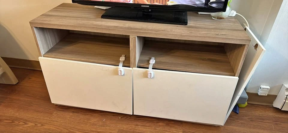 TV Stand with Shelves and Drawers Wood Grain & White (Urgent mov