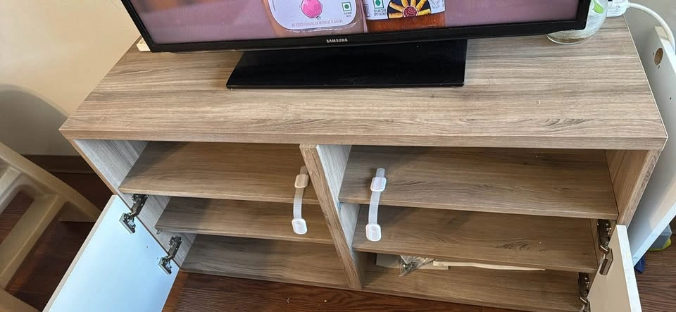 TV Stand with Shelves and Drawers Wood Grain & White (Urgent mov - photo 3