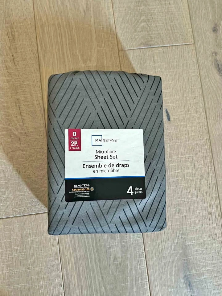 Mainstays Double Microfibre Sheet Set Grey Geometric 4 Piece
