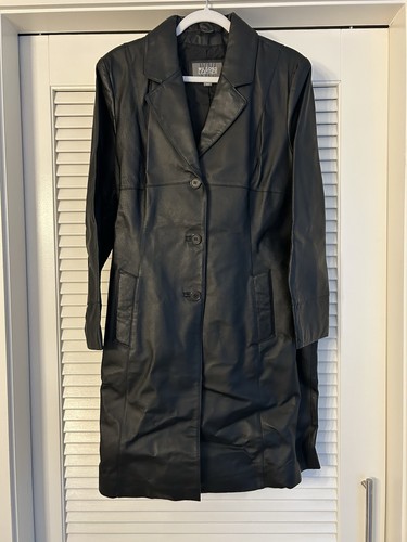 Vtg Wilsons Leather Trench Coat Jacket Black Mid Length 90s Y2K