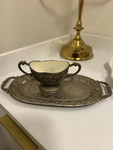Vintage Silverplate Sugar Bowl with Tray White Enamel Lined