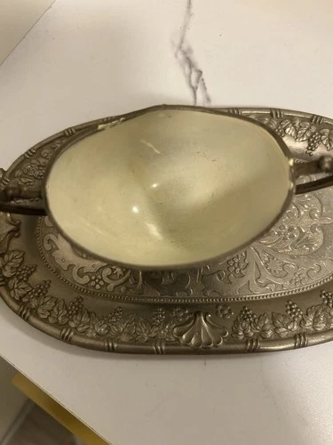 Vintage Silverplate Sugar Bowl with Tray White Enamel Lined - photo 3