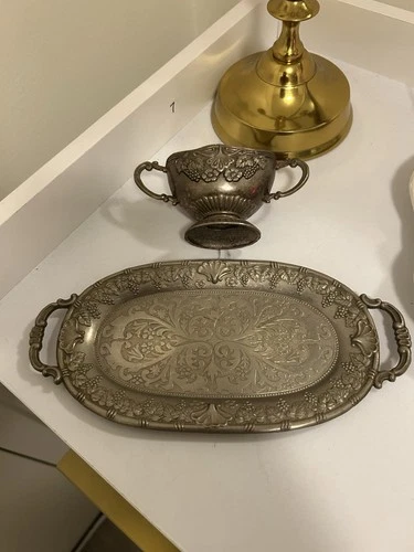 Vintage Silverplate Sugar Bowl with Tray White Enamel Lined - photo 5