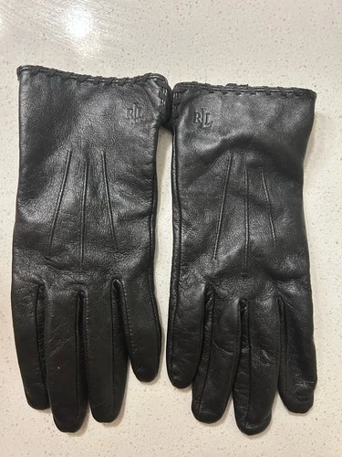 Lauren Ralph Lauren Black Leather Gloves Whipstitch RL Logo Wome