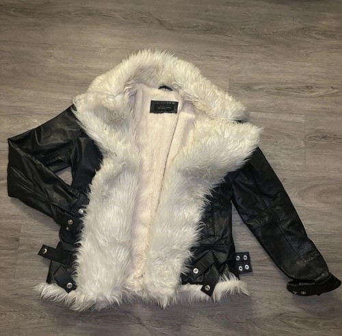 Women's Black Faux Leather Jacket w/ White Faux Fur Lining & Hoo