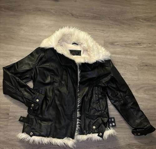 Women's Black Faux Leather Jacket w/ White Faux Fur Lining & Hoo - photo 2