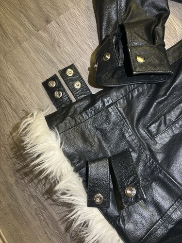 Women's Black Faux Leather Jacket w/ White Faux Fur Lining & Hoo - photo 4