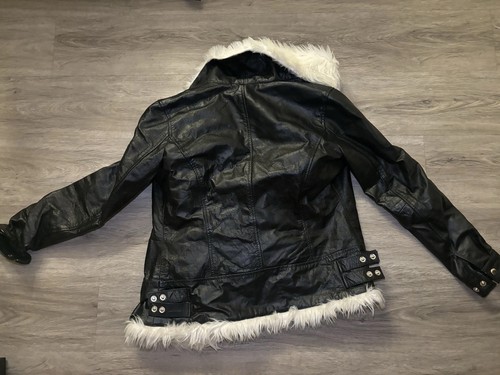 Women's Black Faux Leather Jacket w/ White Faux Fur Lining & Hoo - photo 5