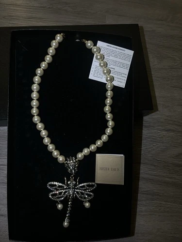 Heidi Daus Pearl Necklace Crystal Dragonfly Pendant Signed Desig