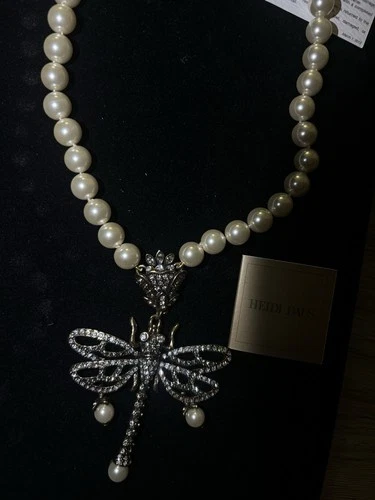 Heidi Daus Pearl Necklace Crystal Dragonfly Pendant Signed Desig - photo 3