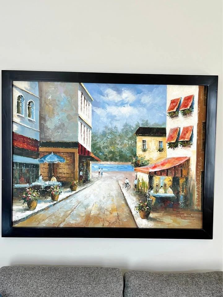 Large 49” Framed European Café Oil Painting – Wall Art