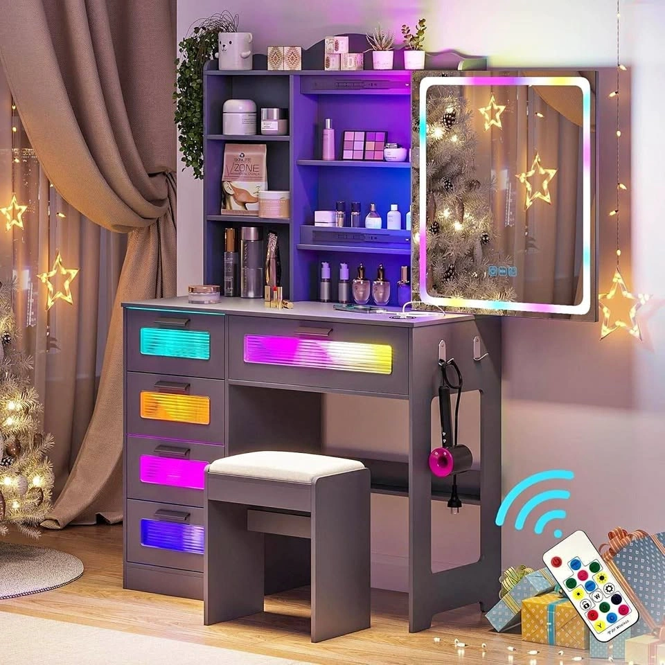 BNIB Vanity Table with RGB Lights, Sliding Mirror, and Stool