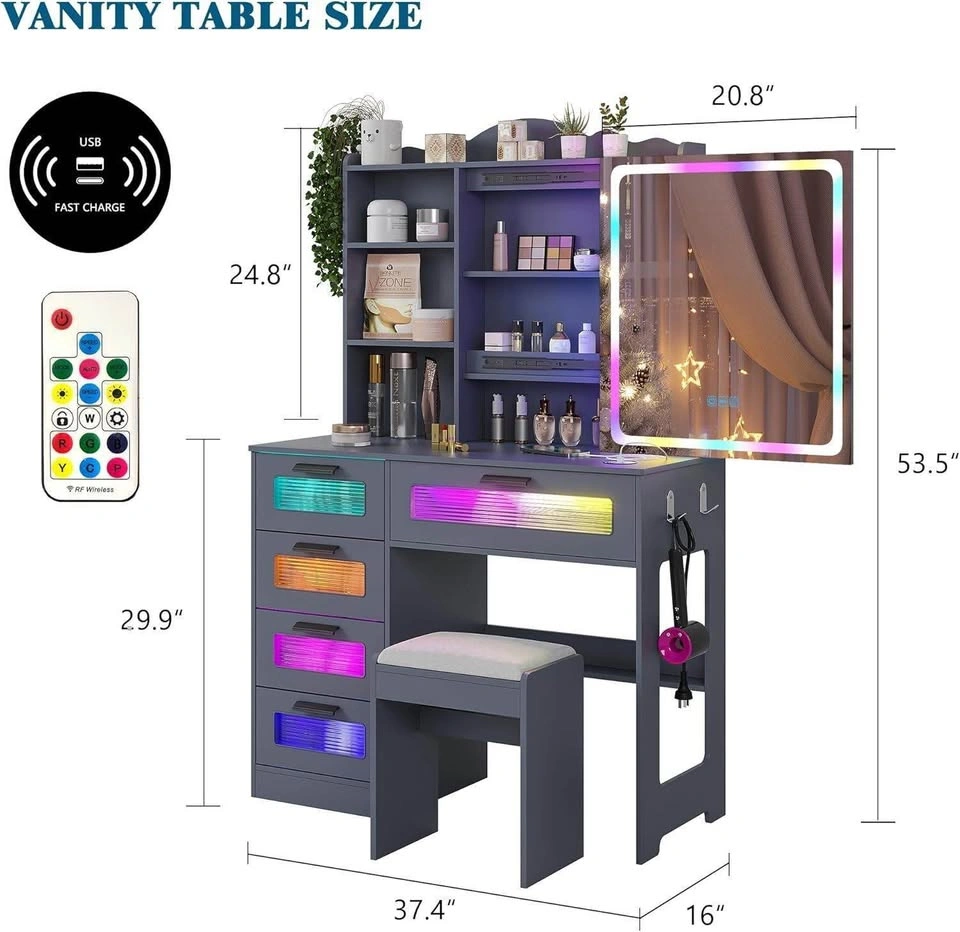 BNIB Vanity Table with RGB Lights, Sliding Mirror, and Stool - photo 2