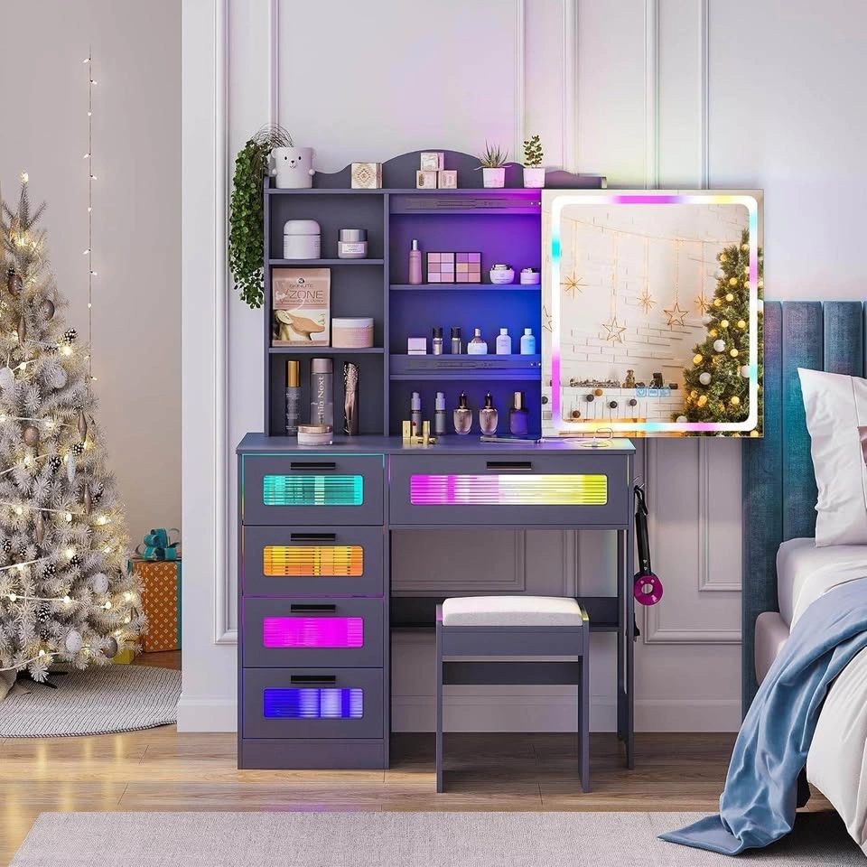 BNIB Vanity Table with RGB Lights, Sliding Mirror, and Stool - photo 3