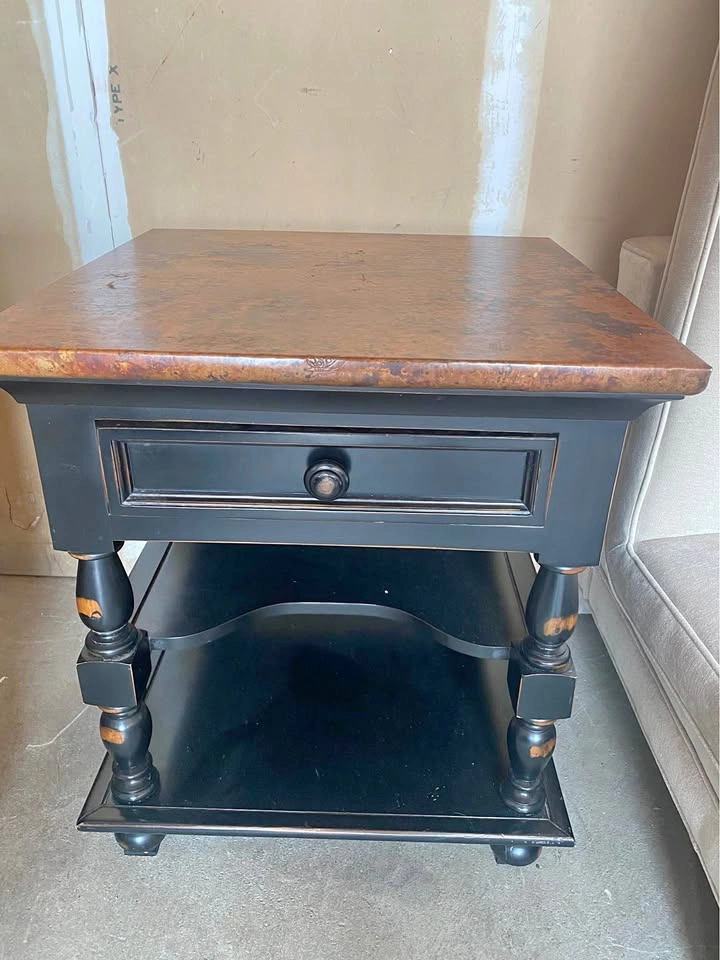 Solid Wood Marble Top Black End Table 24” sq x 27”h