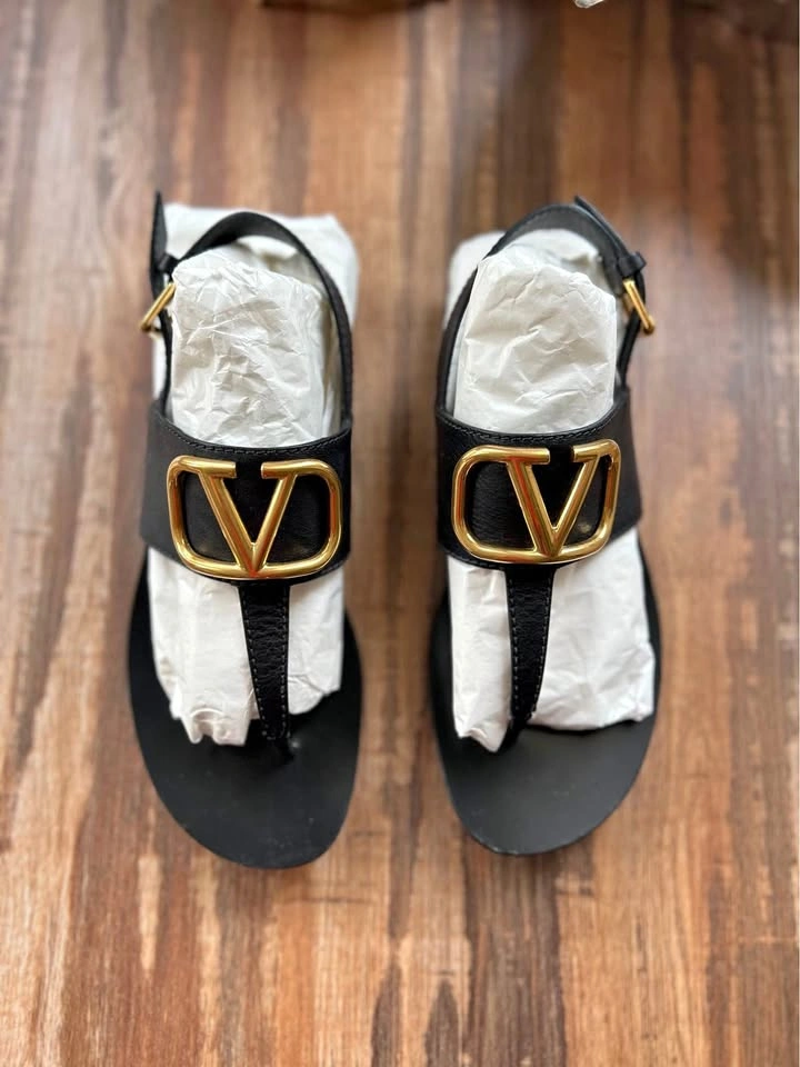 Valentino Garavani Black Gold V Logo Sandals