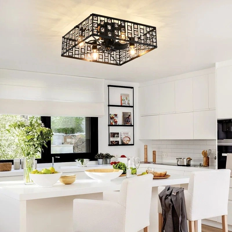 19.68” Crystal Square Caged Flush Mount Ceiling Light & Fan