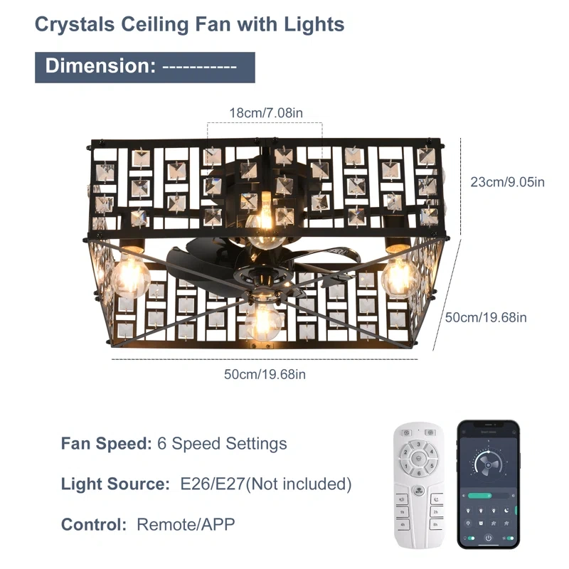 19.68” Crystal Square Caged Flush Mount Ceiling Light & Fan - photo 2