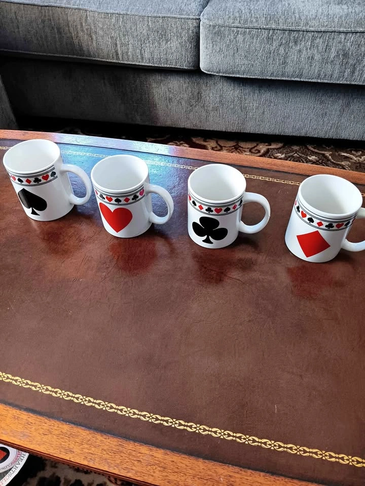 Set of Three and Four Mugs with Playing Cards