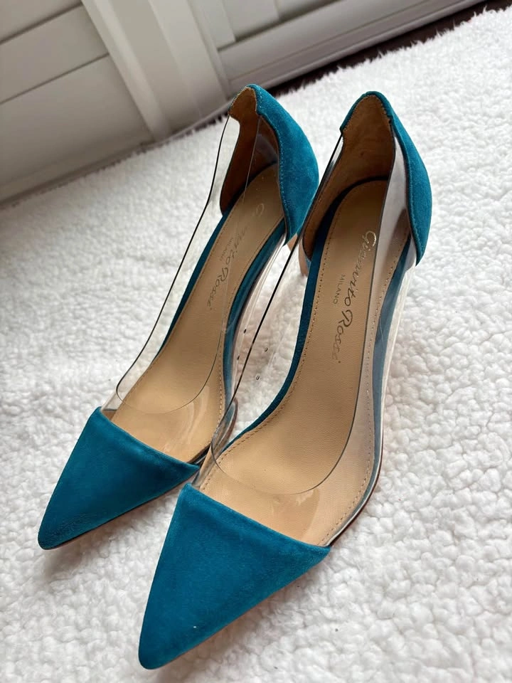 Gianvito Rossi Teal Blue Suede Plexi Heels (Size 37)